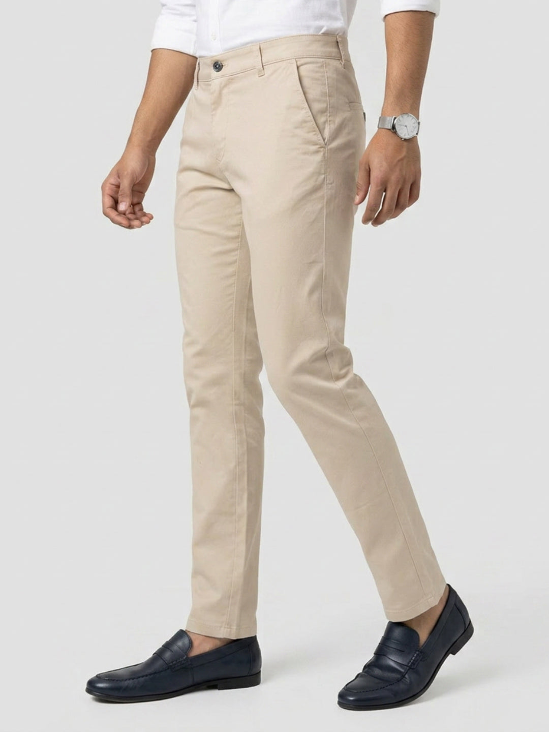 Men Trouser Regular Fit Beige Mid Rise