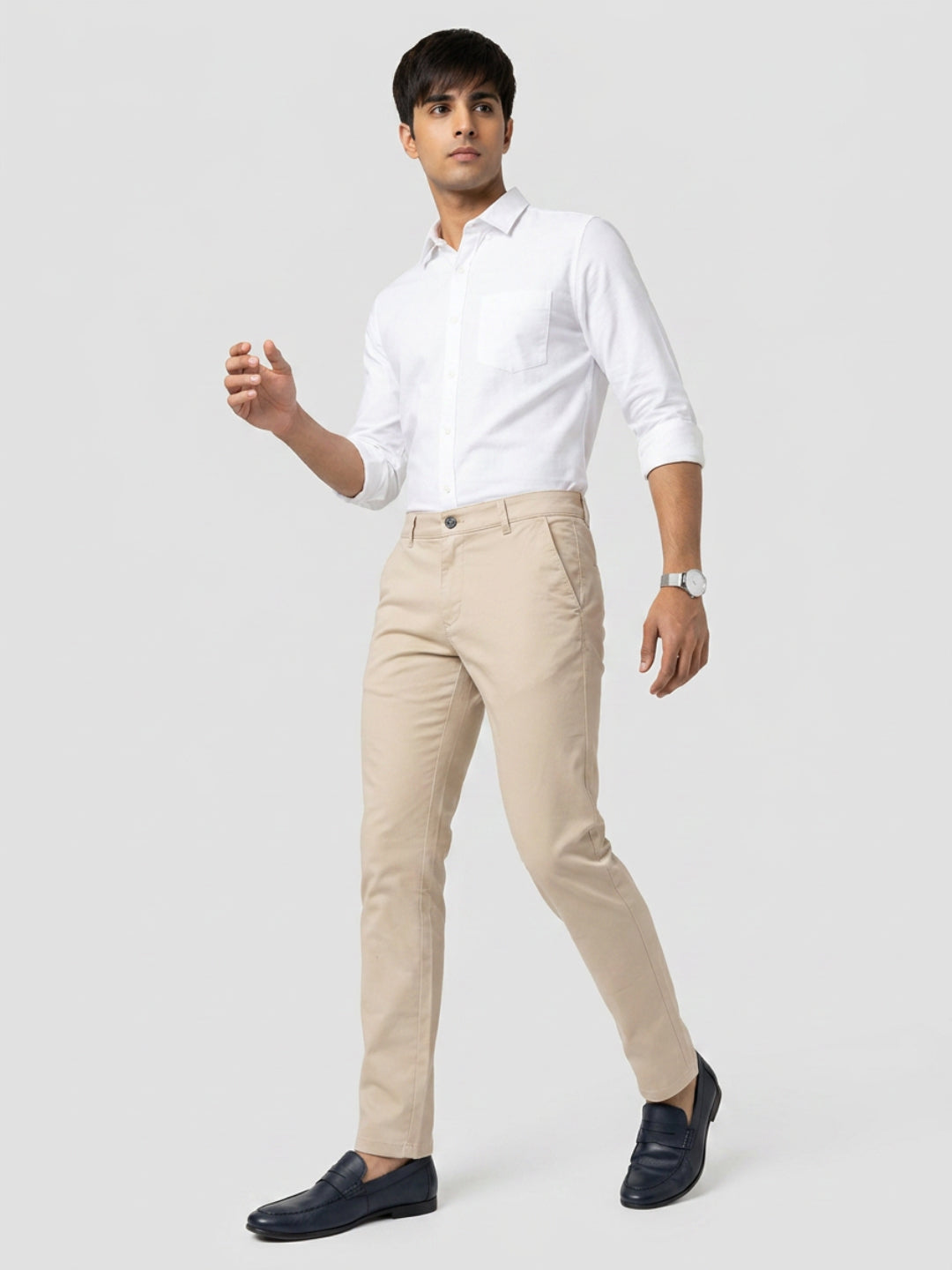 Men Trouser Regular Fit Beige Mid Rise