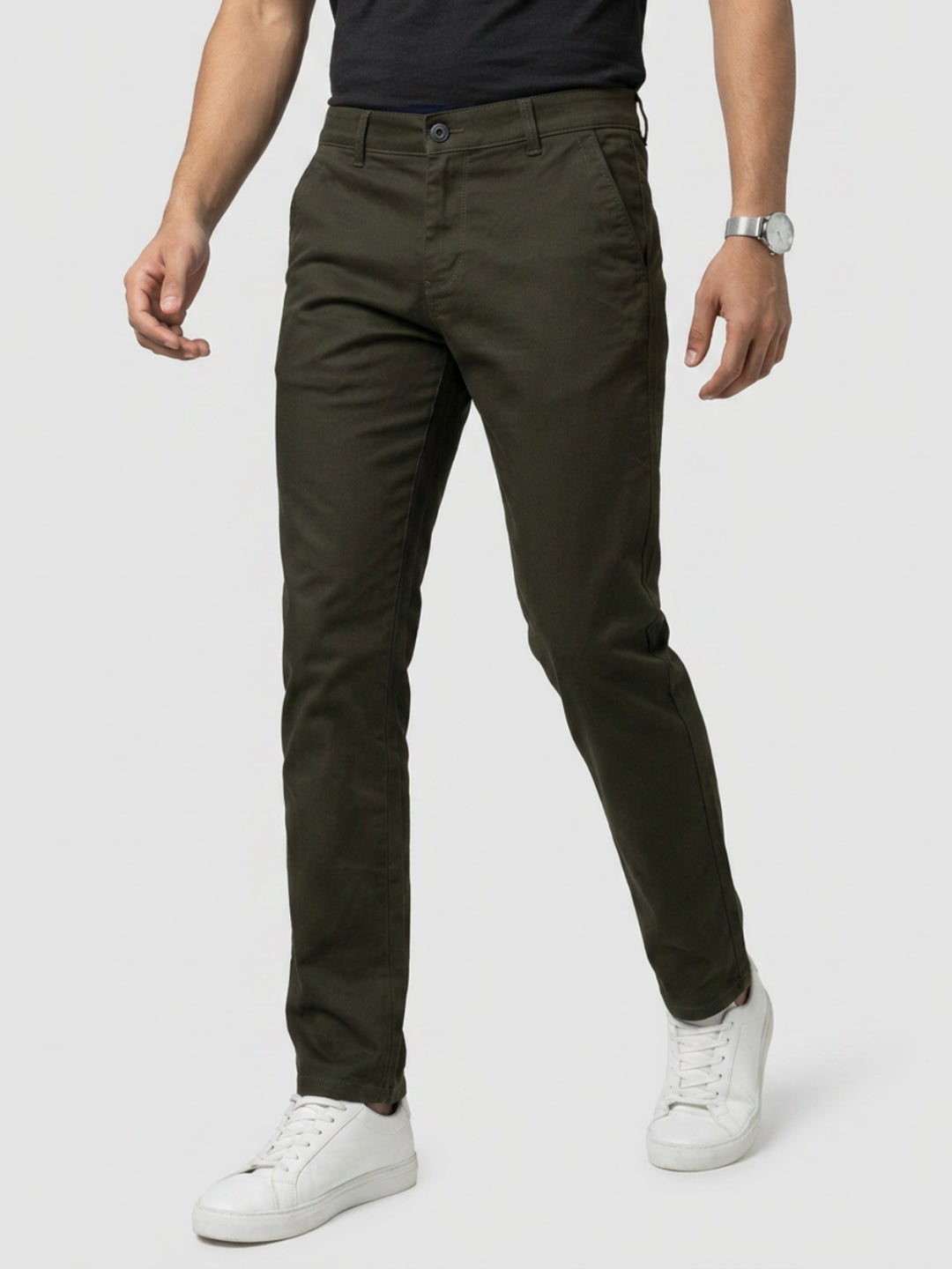 Men Trouser Regular Fit Green Mid Rise