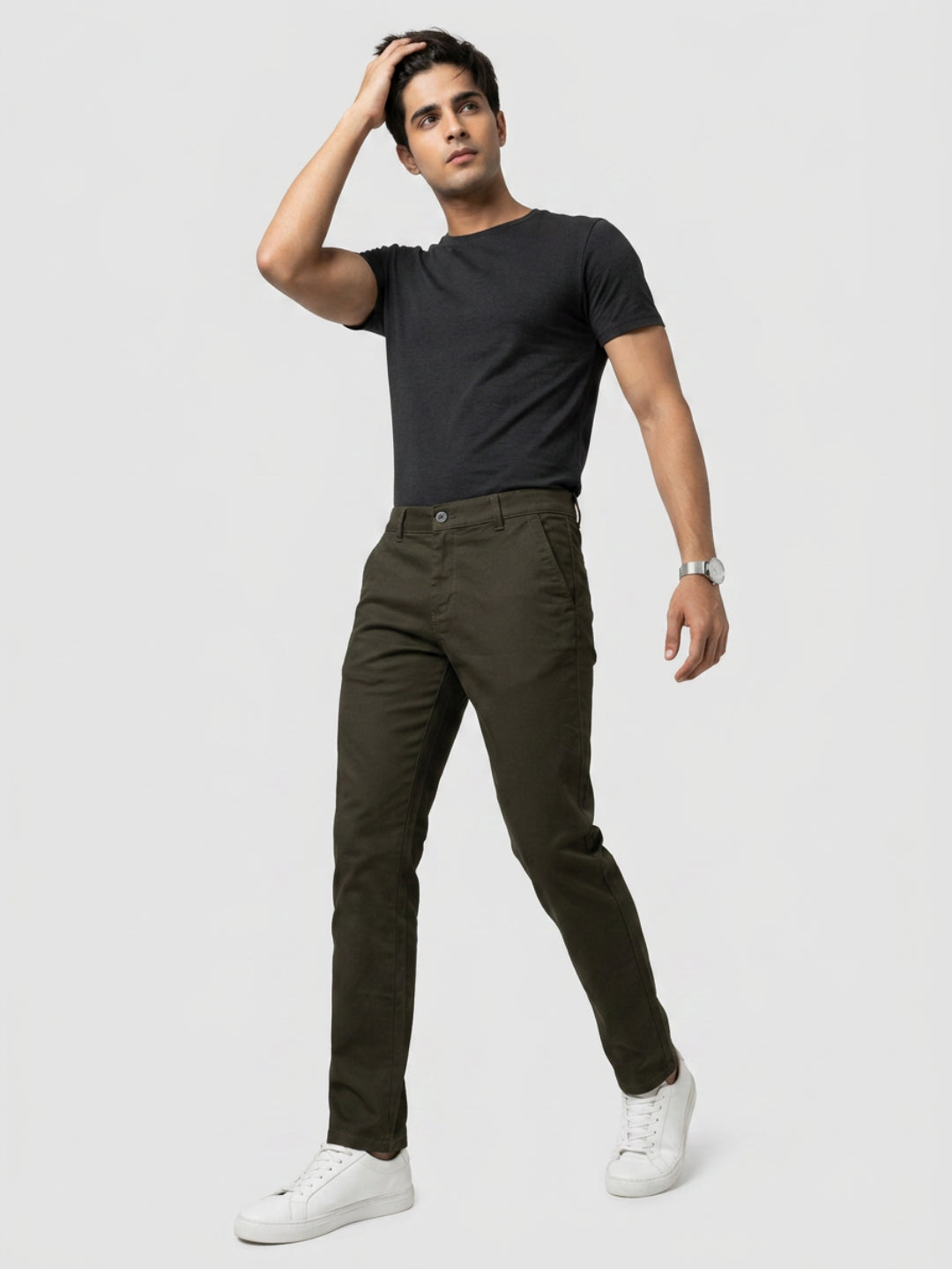 Men Trouser Regular Fit Green Mid Rise