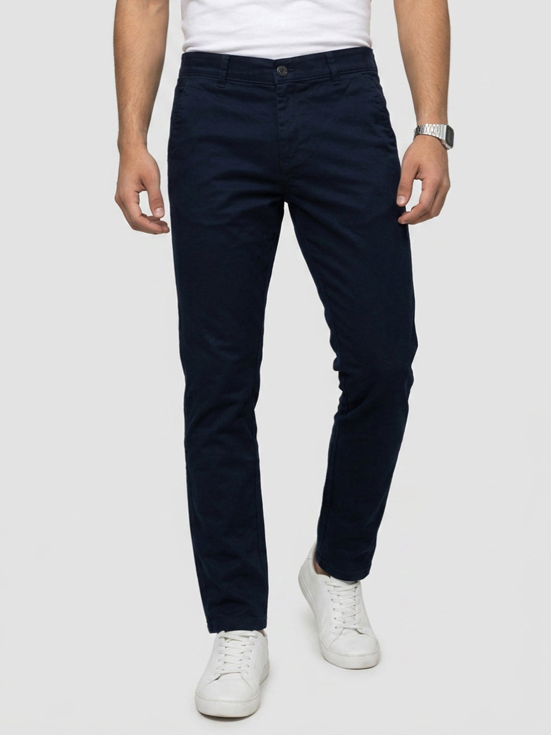 Men Trouser Regular Fit Navy Blue Mid Rise