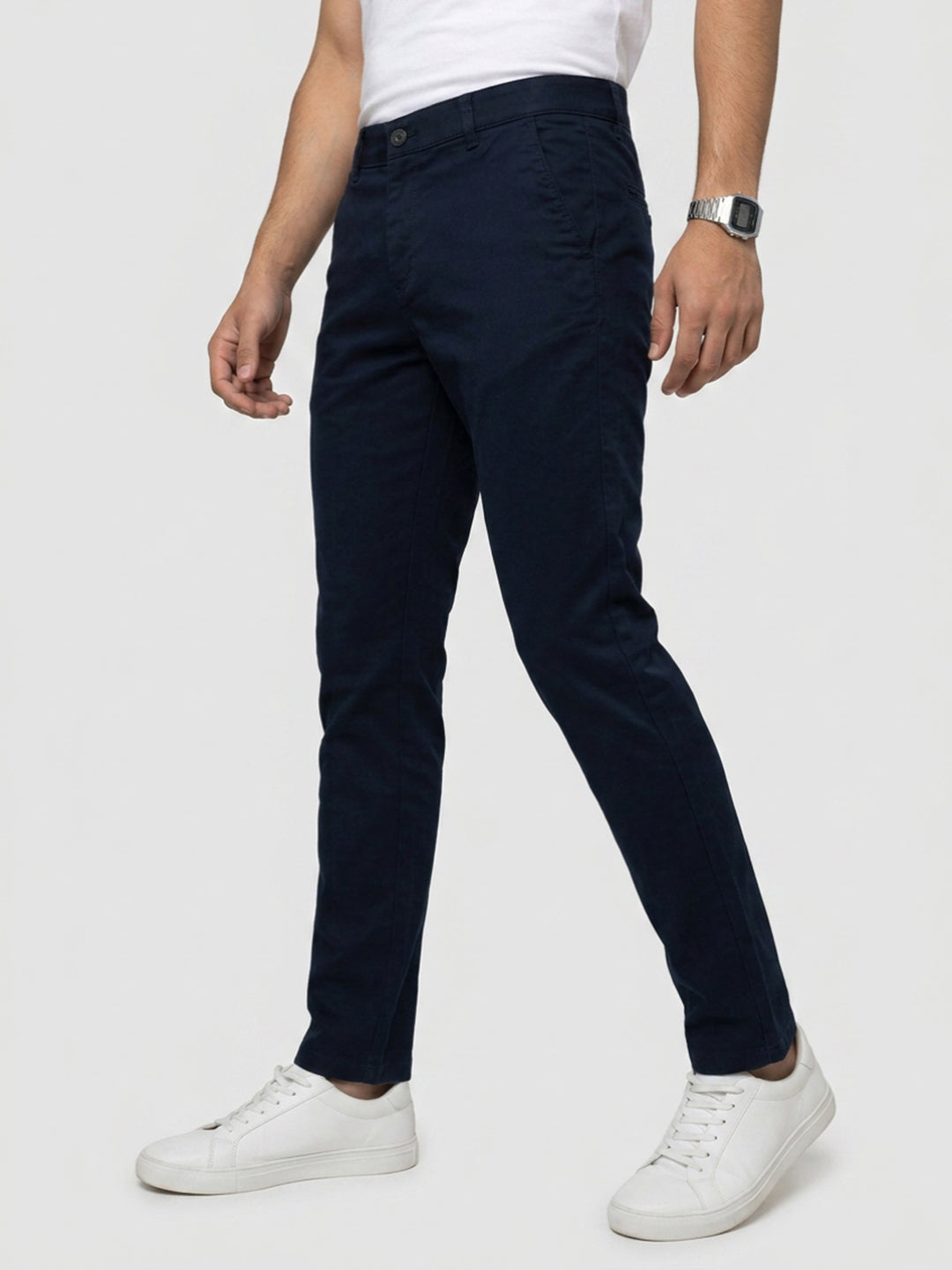 Men Trouser Regular Fit Navy Blue Mid Rise