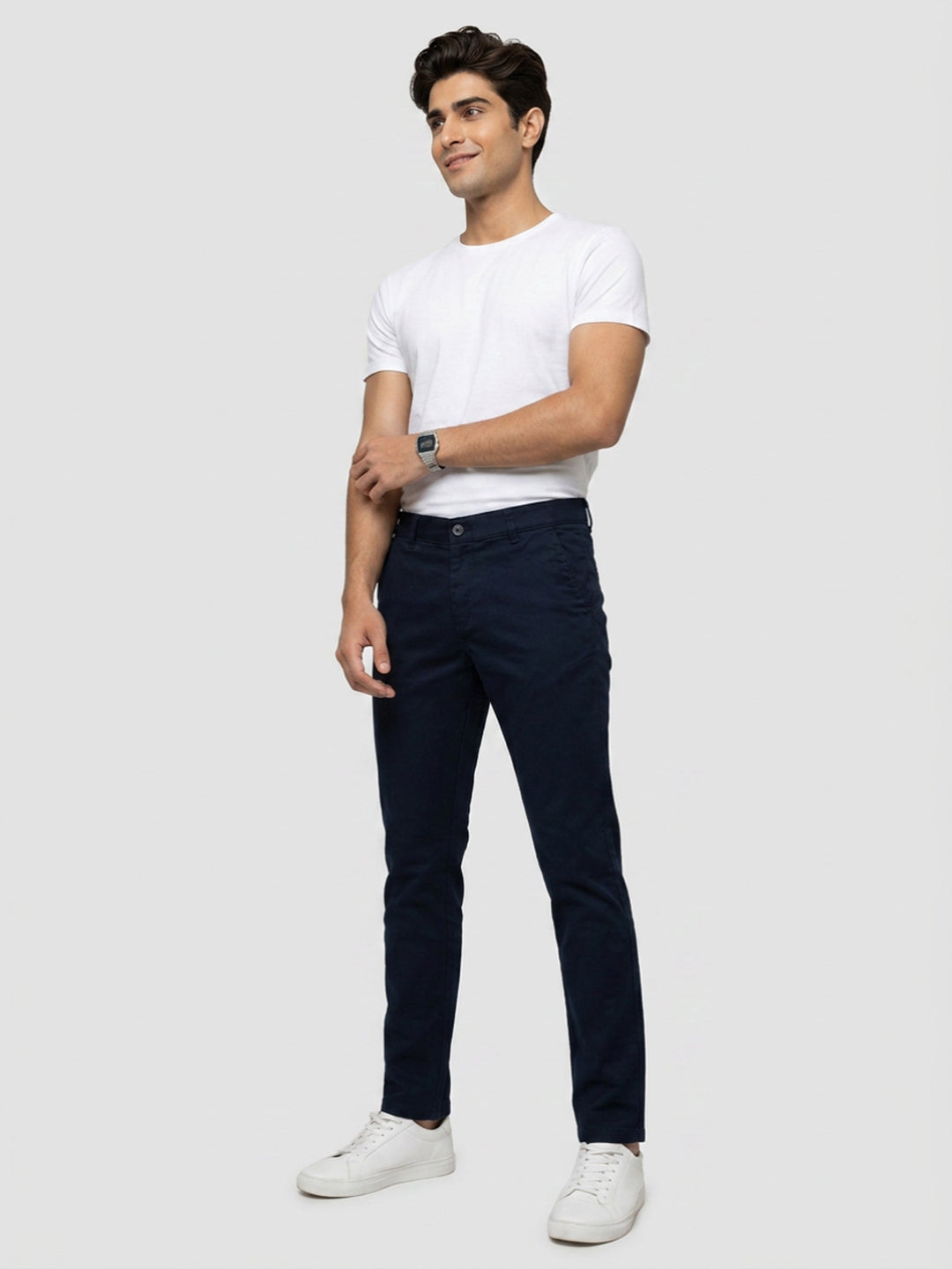 Men Trouser Regular Fit Navy Blue Mid Rise
