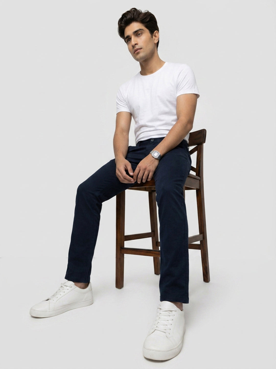 Men Trouser Regular Fit Navy Blue Mid Rise
