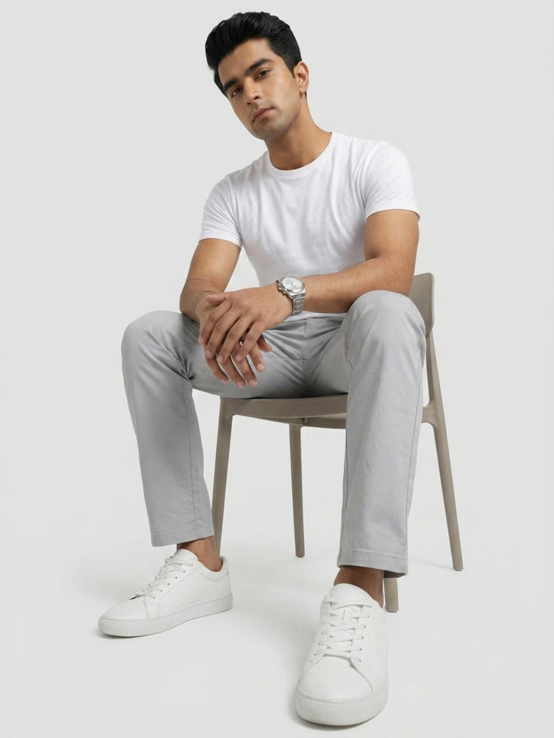 Men Trouser Regular Fit Grey Mid Rise
