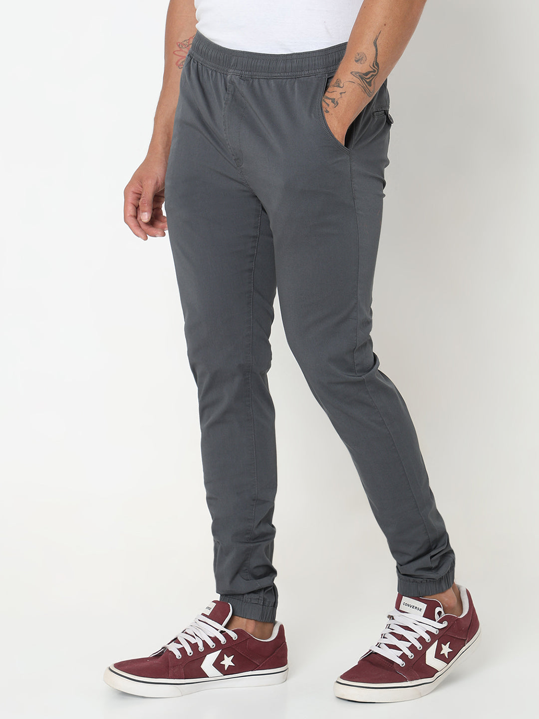 Spykar Grey Jogger Fit Cotton Trouser For Men