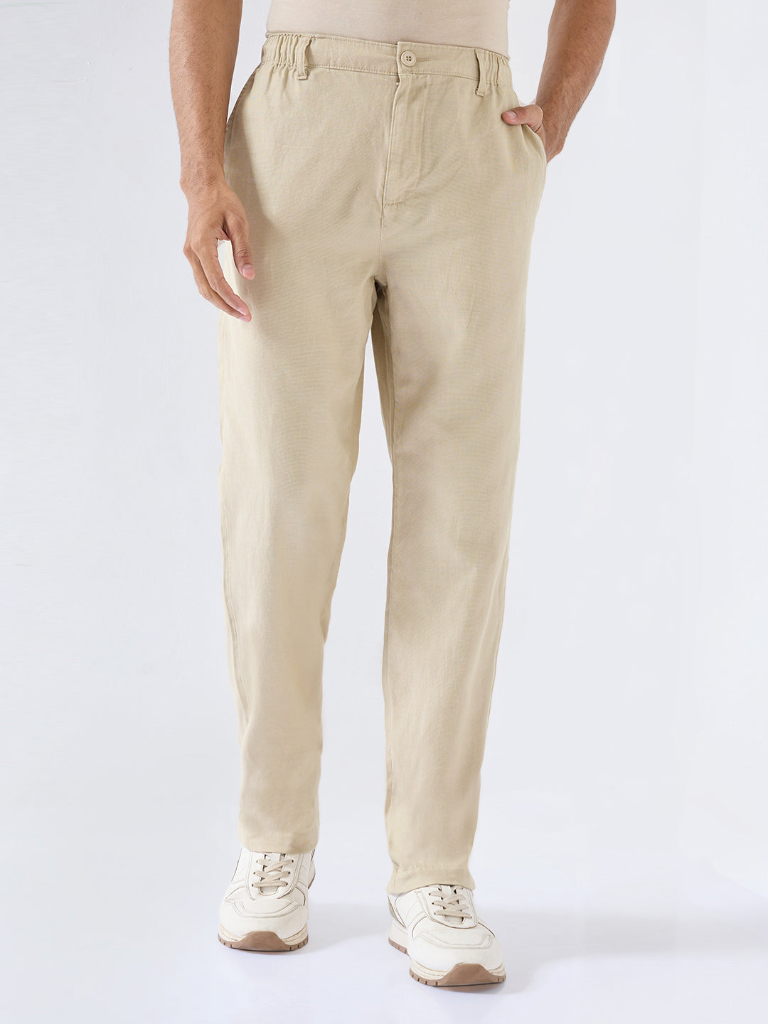 Men Trouser Relaxed Fit Beige Mid Rise