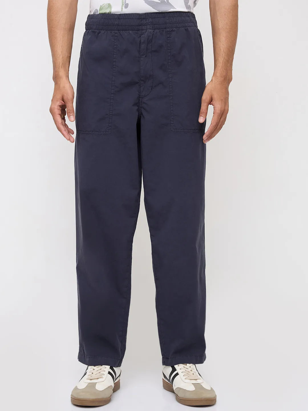 Men Trouser Relaxed Fit Navy Blue Mid Rise