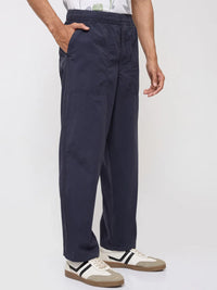 Men Trouser Relaxed Fit Navy Blue Mid Rise
