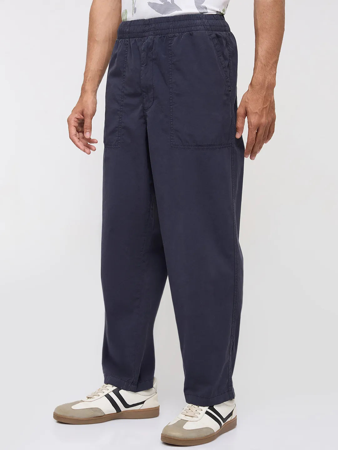 Men Trouser Relaxed Fit Navy Blue Mid Rise