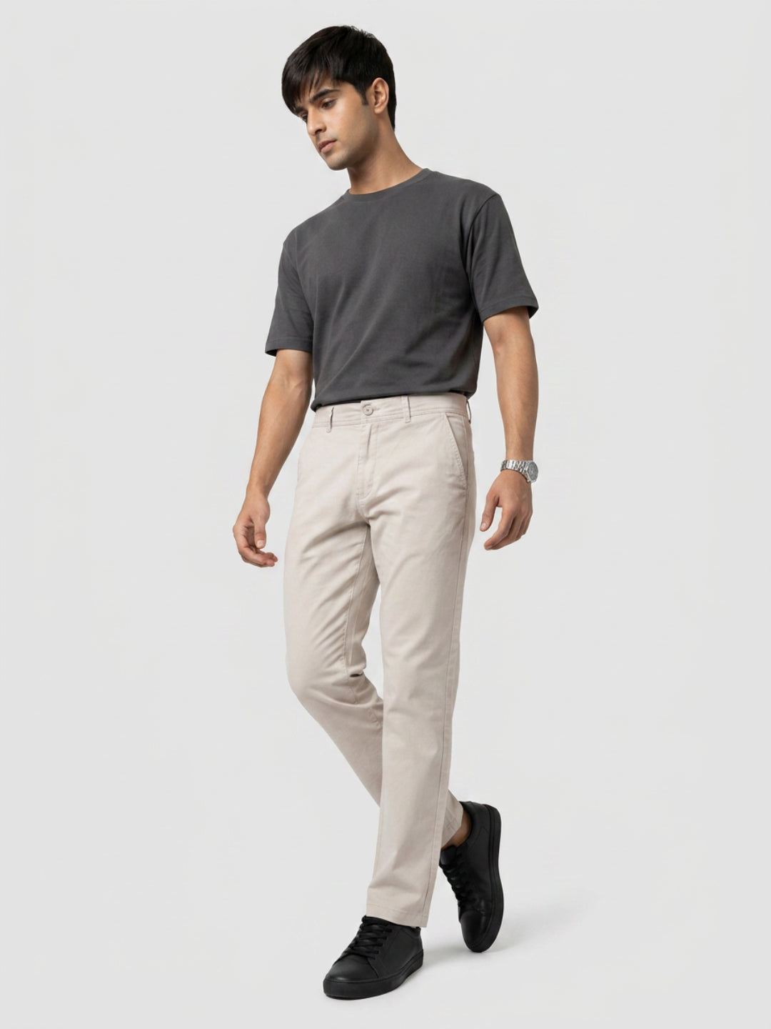 Men Trouser Relaxed Fit Beige Mid Rise
