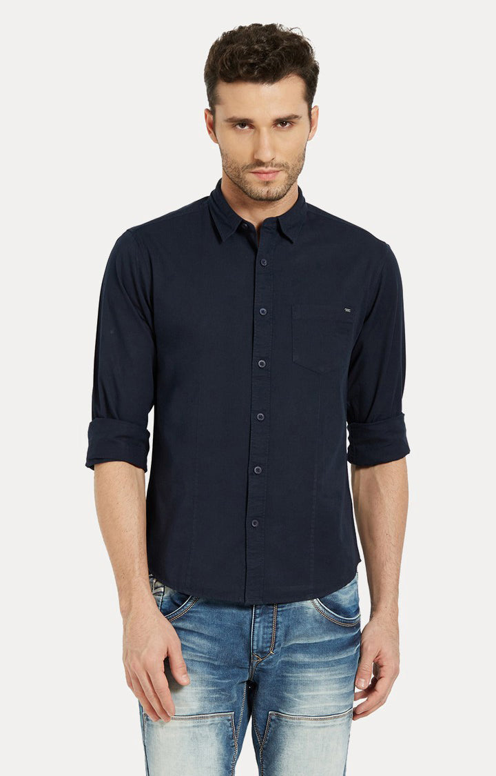 Spykar Men'S Blue Cotton Solid Casual Shirts