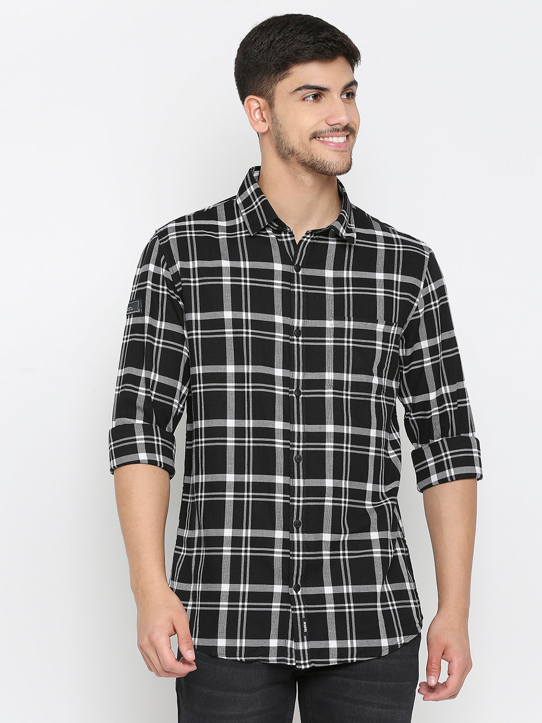 Spykar Black Cotton Full Sleeve Checkered Shirt For Men