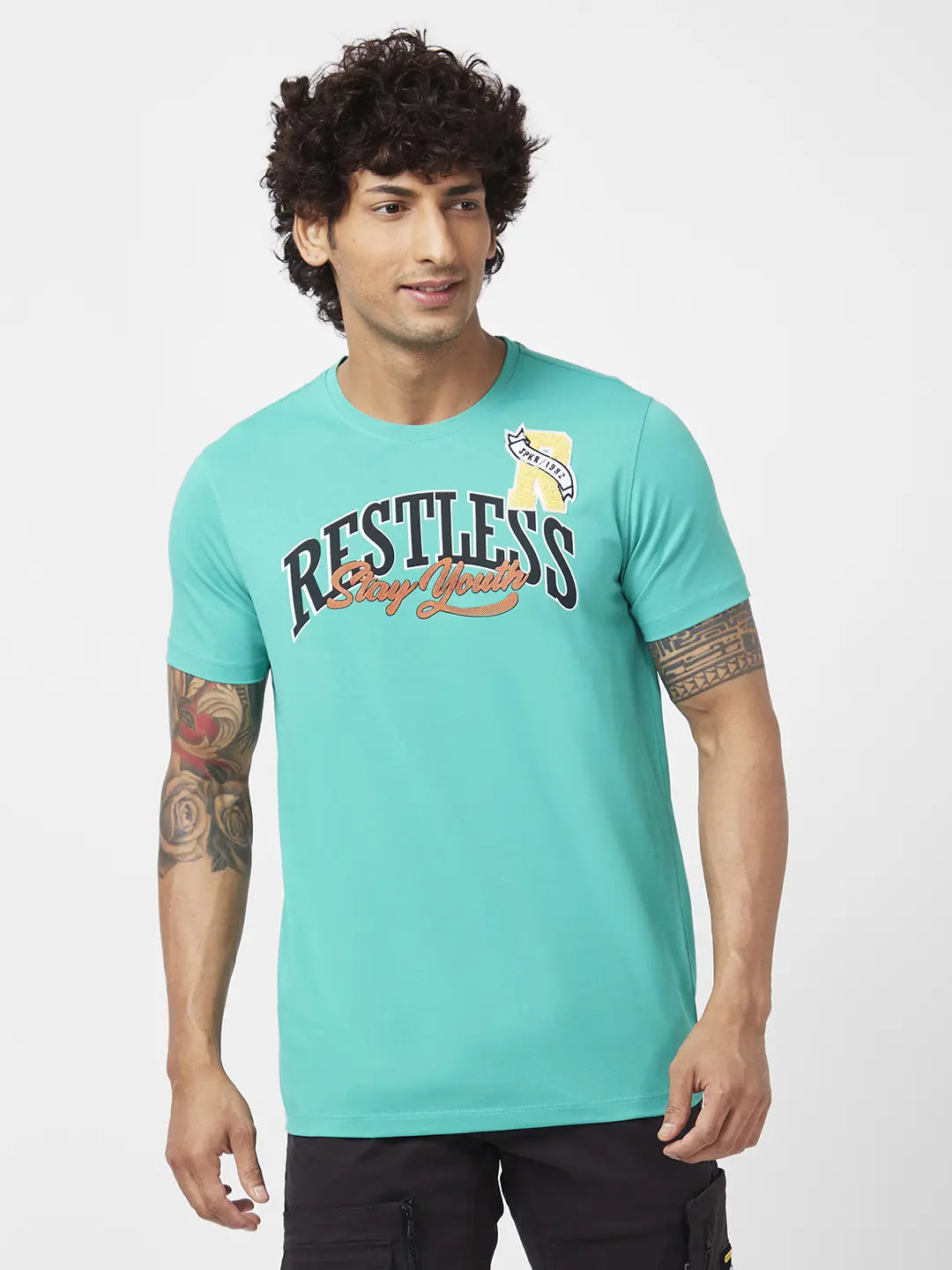 Spykar Men Sporty Green Blended Slim Fit Half Sleeve Round Neck Printed Tshirt