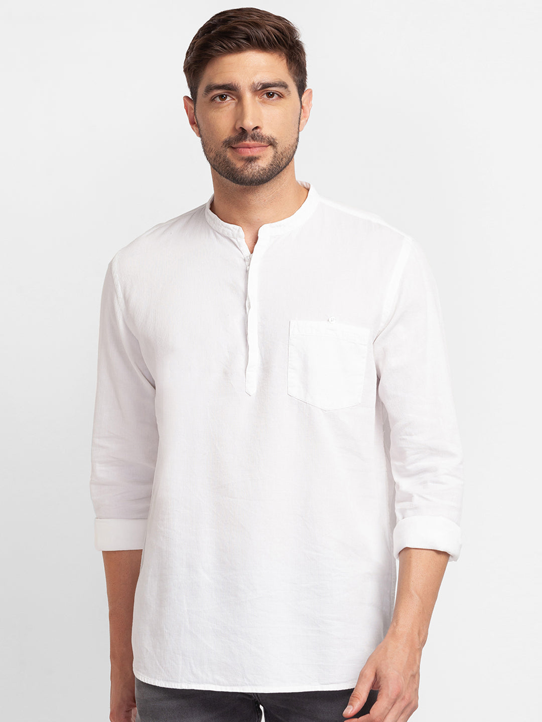 Spykar White Cotton Full Sleeve Plain Shirt Kurta For Men