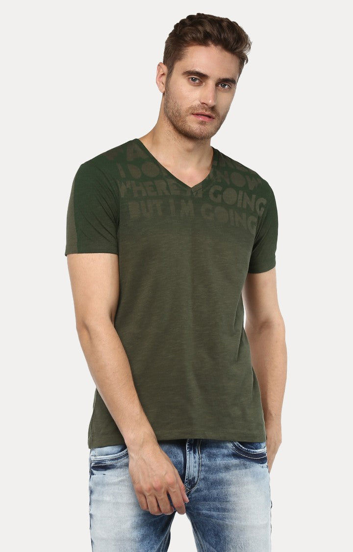 Spykar Green Printed Slim Fit Men T-Shirts