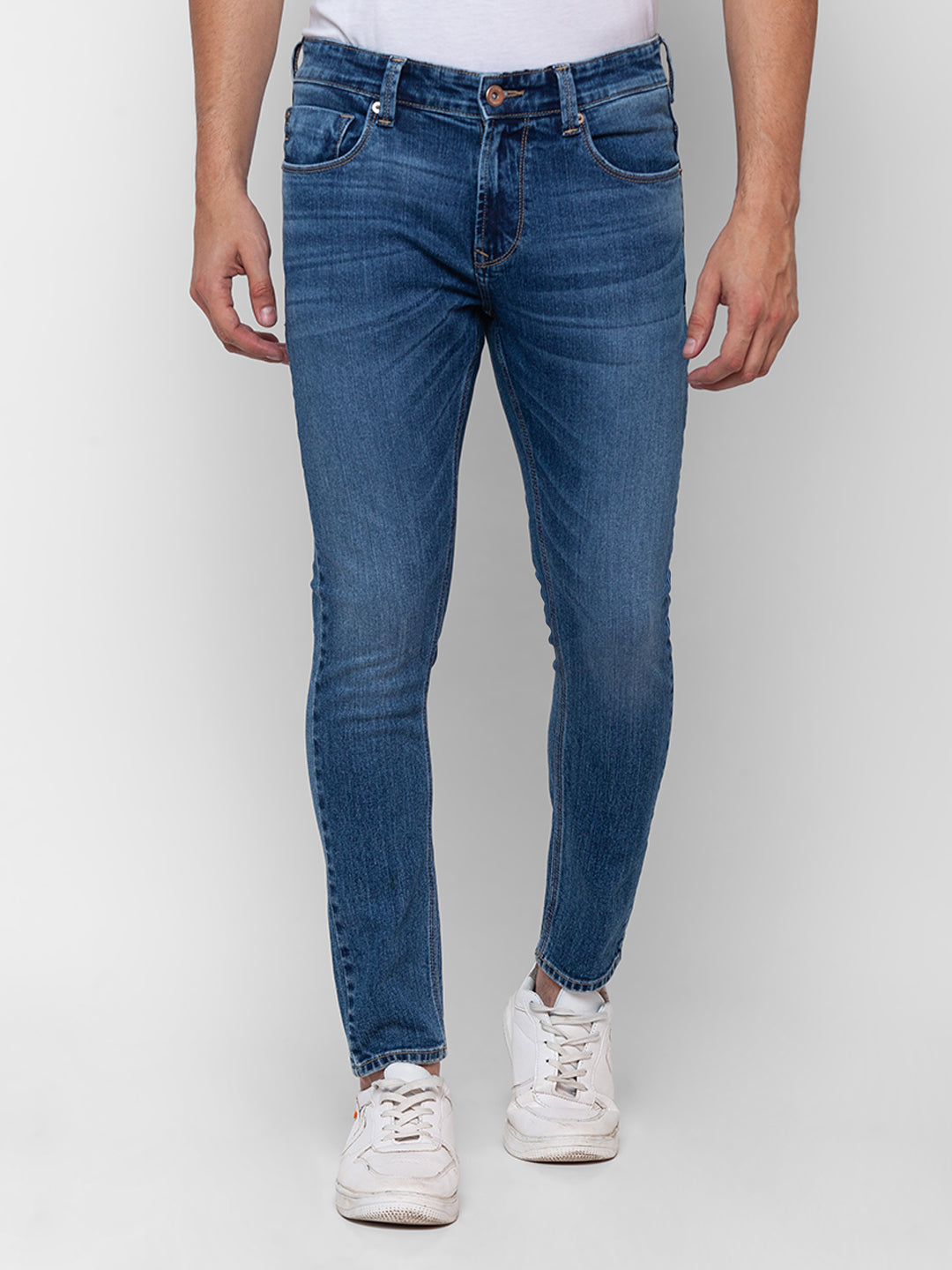 Spykar Mid Blue Cotton Slim Fit Tapered Length Jeans For Men (Kano)