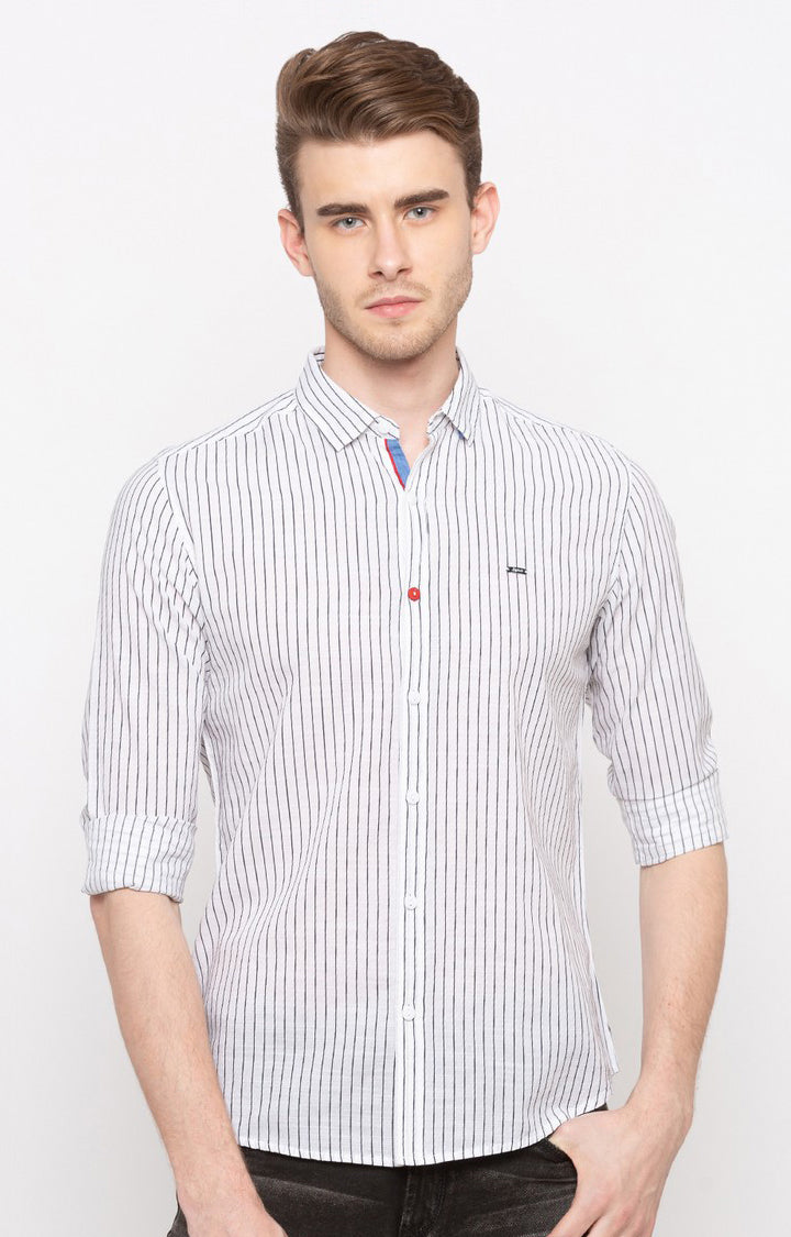 Spykar Men'S White Cotton Striped Casual Shirts