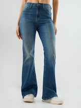 Women Flare Fit Jeans Flare Leg Vintage Blue Mid Rise