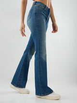 Women Flare Fit Jeans Flare Leg Vintage Blue Mid Rise