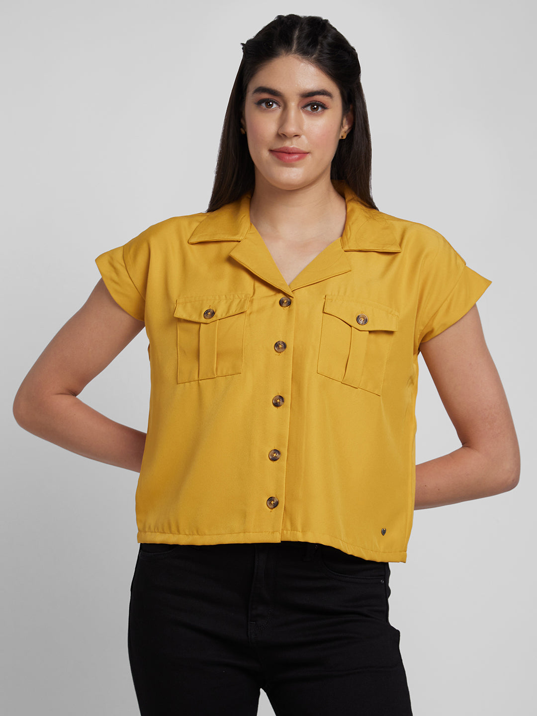 Spykar Women Ochre Yellow Cotton Slim Fit Cap Sleeve Denim Shirts