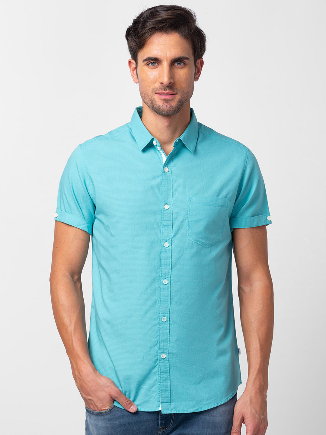 Spykar Men Cool Blue Cotton Slim Fit Plain Shirt