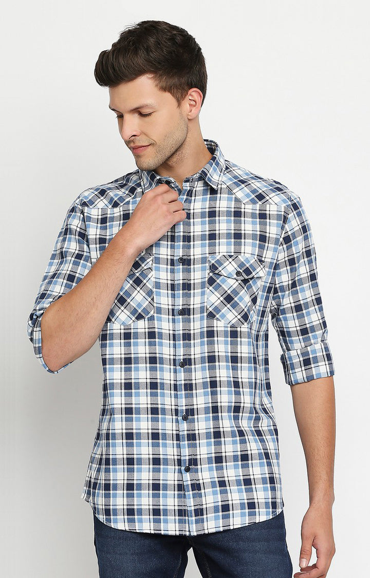 Spykar Men Dark Blue Slim Fit Full Sleeve Checkered Shirt