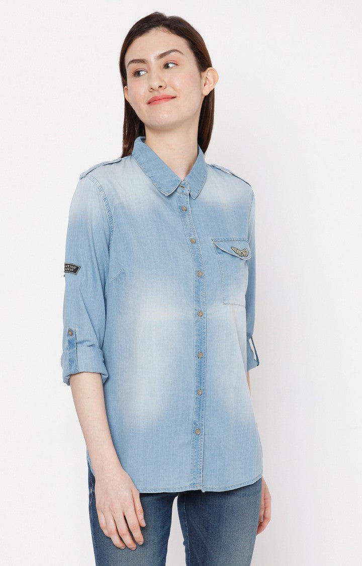 Spykar Women Mid Blue Cotton Regular Fit Denim Shirt