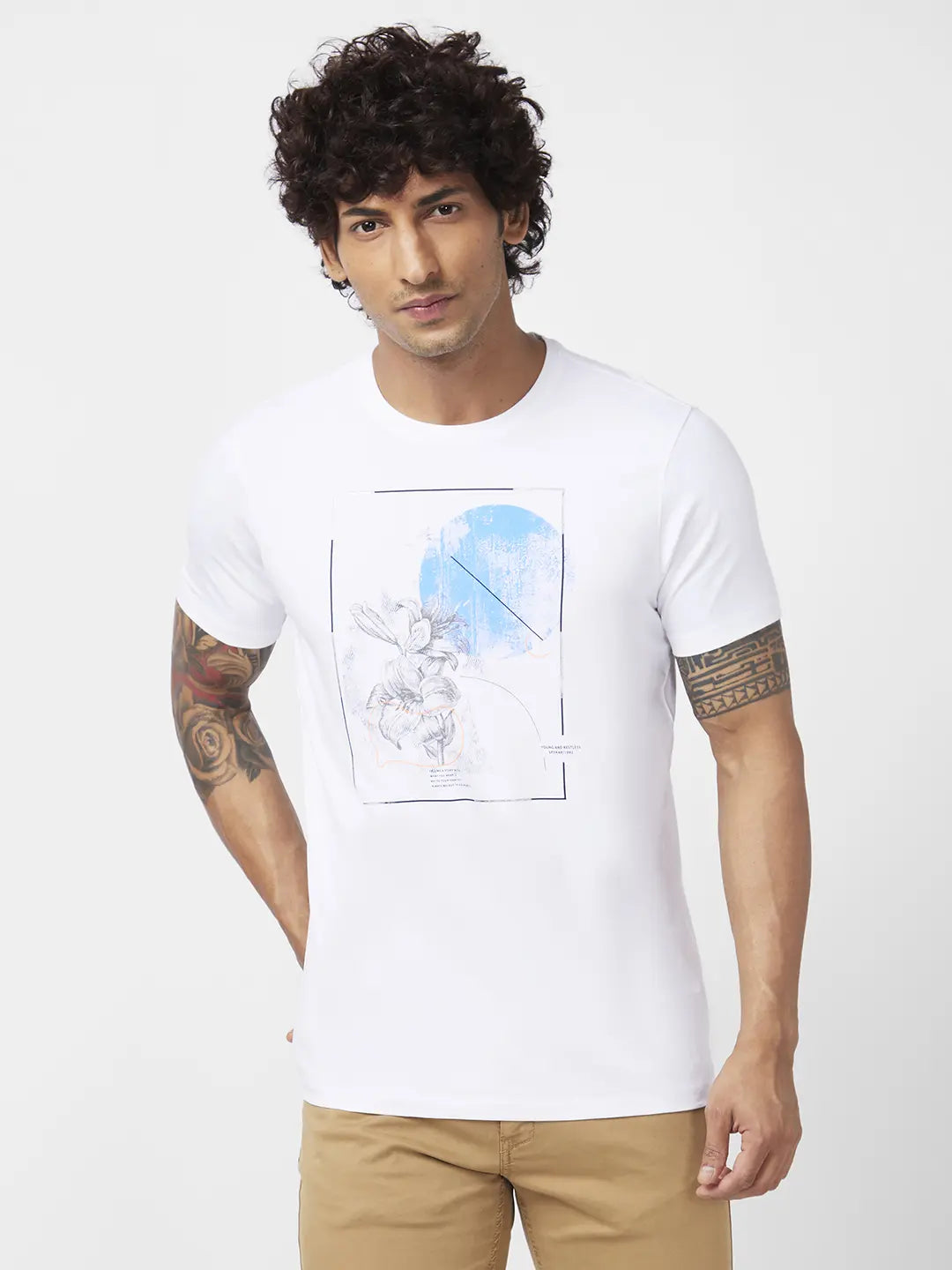 Spykar Men White Blended Slim Fit Half Sleeve Round Neck Printed Tshirt