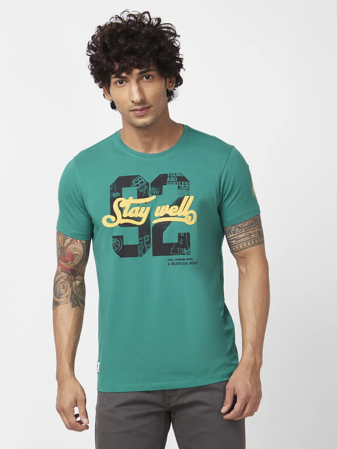 Spykar Men Dark Green Blended Slim Fit Half Sleeve Round Neck Printed Tshirt