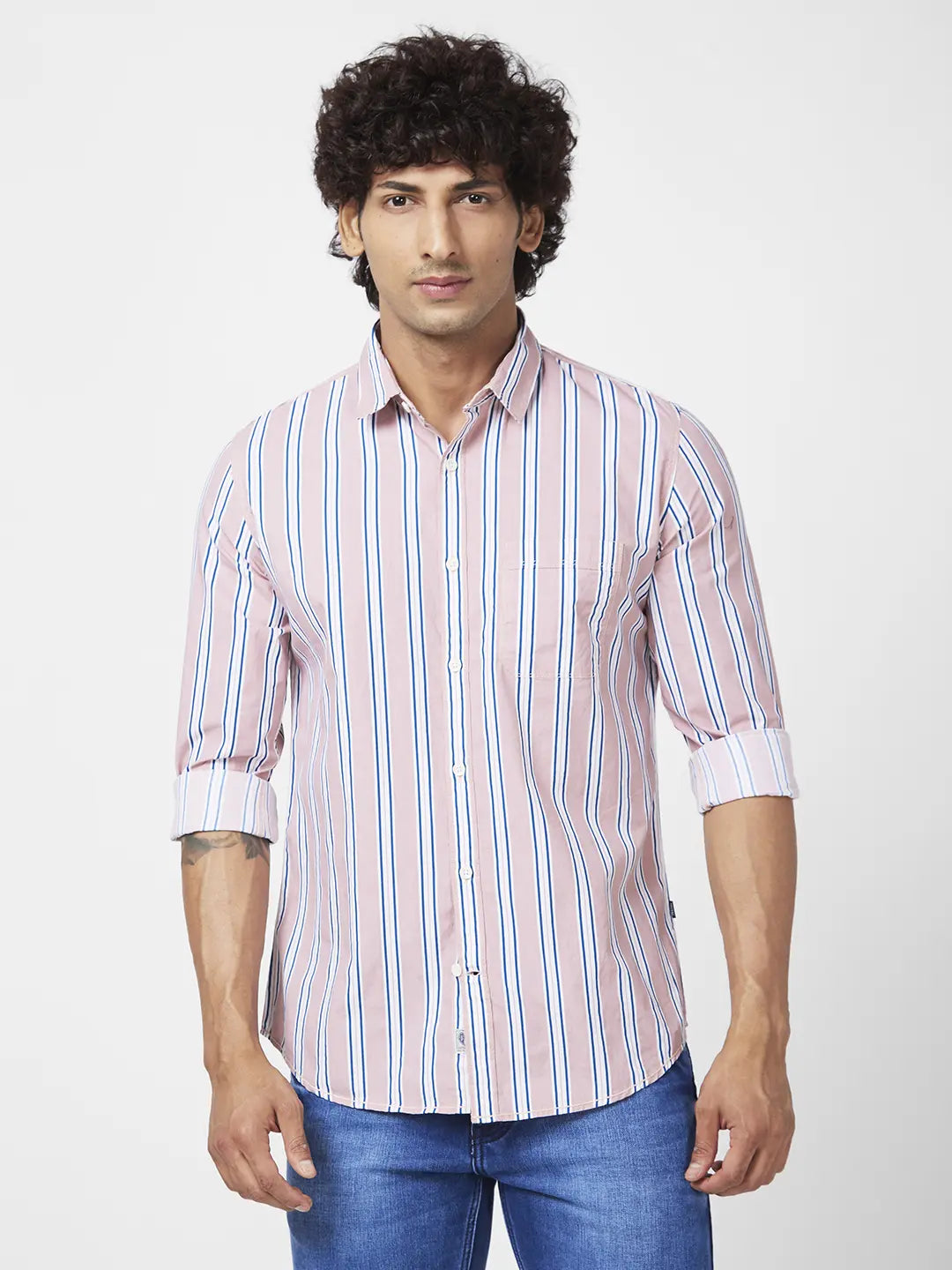 Spykar Men Dusty Pink Cotton Regular Slim Fit Full Sleeve Casual Striped Shirt