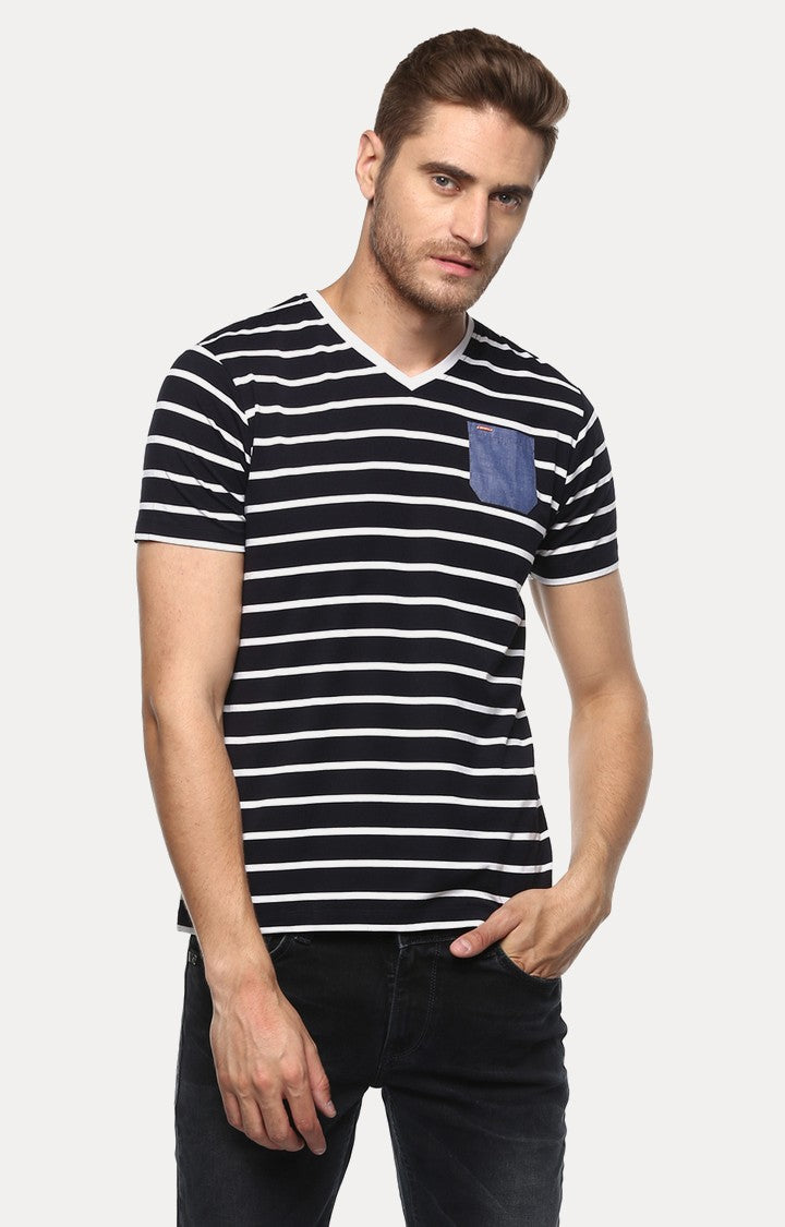 Spykar Navy Blue Striped Slim Fit Men T-Shirts