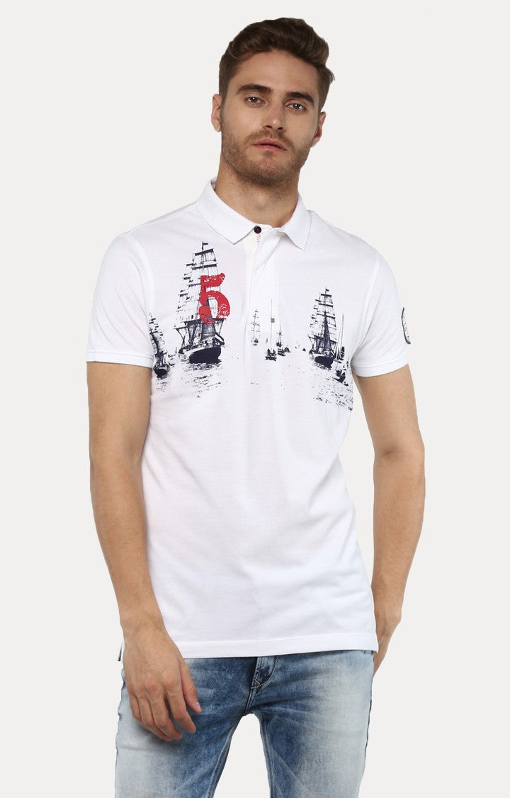 Spykar White Printed Slim Fit Polo T-Shirt