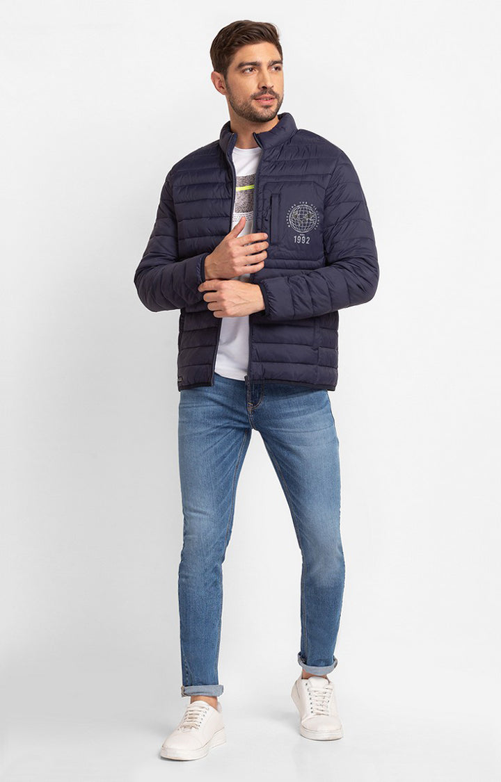 Spykar Navy Blue Cotton Full Sleeve Casual Jacket For Men