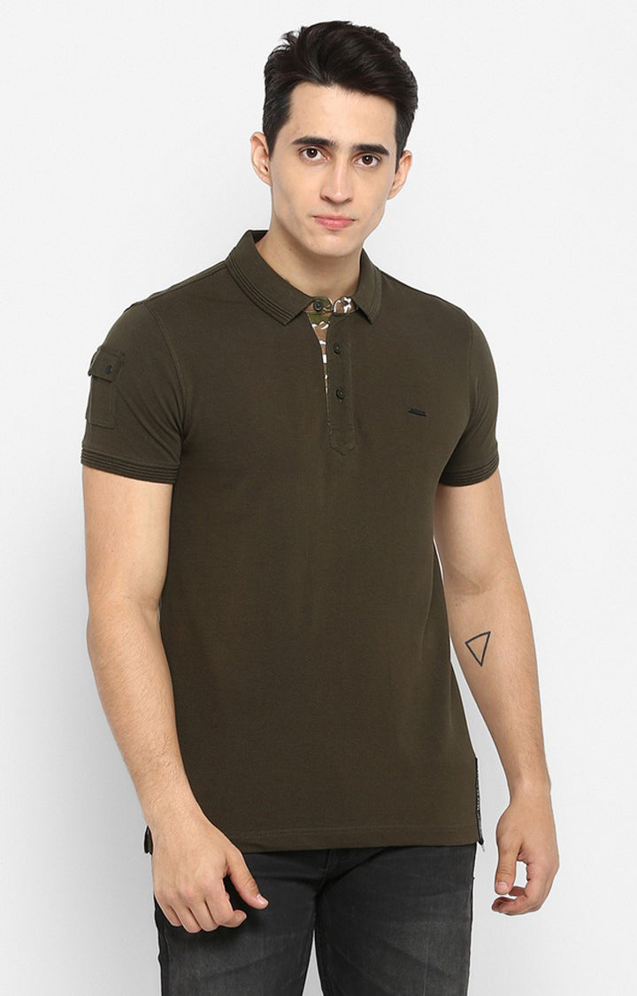 Spykar Olive Solid Slim Fit Polos T-Shirt