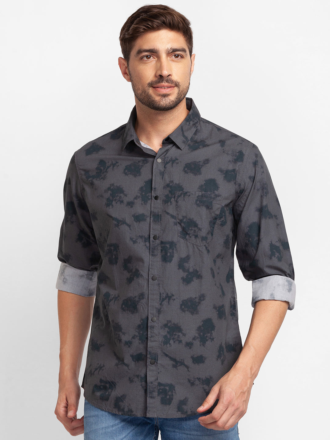 Spykar Charcoal Grey Cotton Full Sleeve Printed Shirt For Men