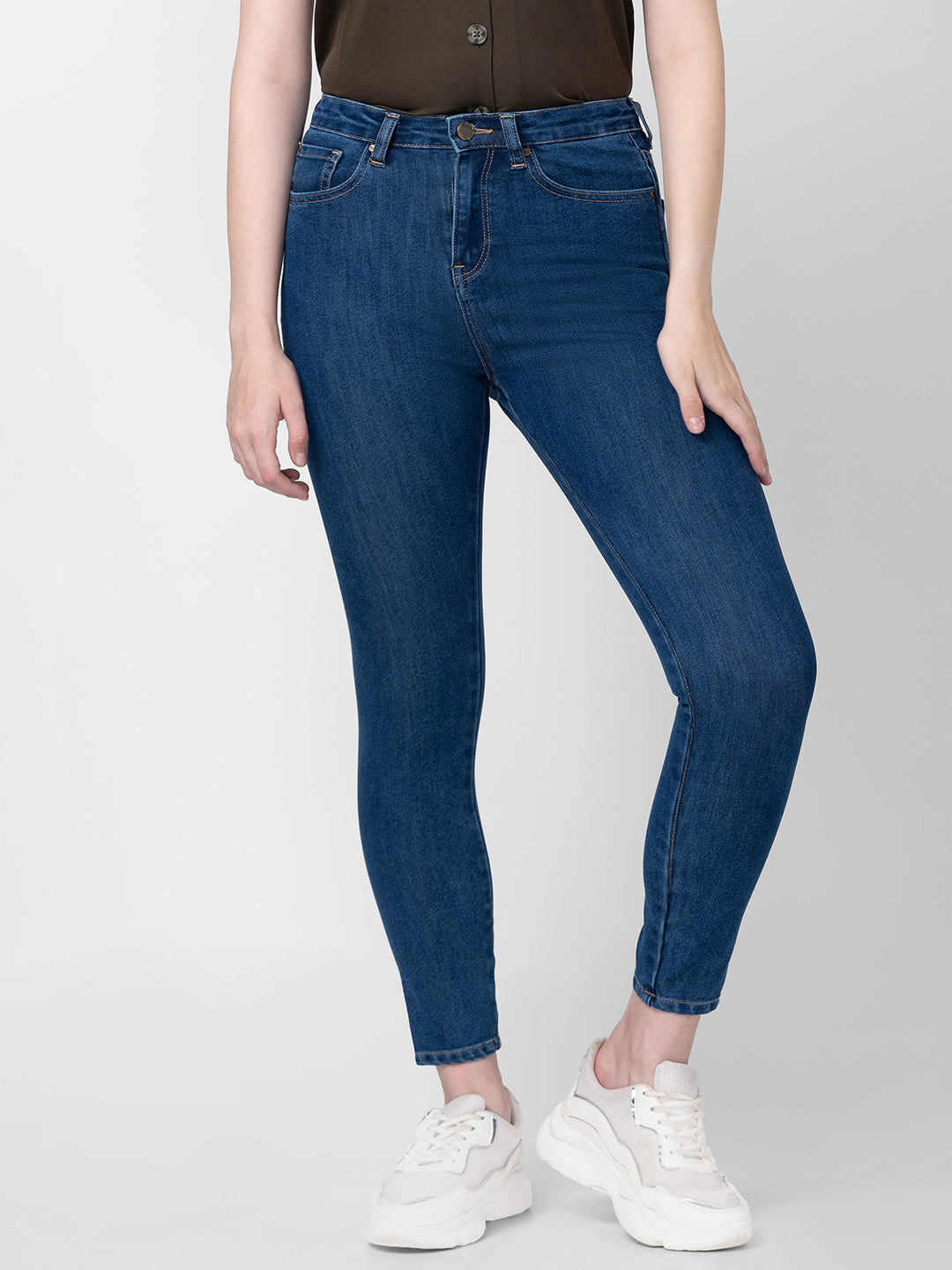 Women Mid Blue Cotton Super Skinny Ankle Length Jeans (Alexa)
