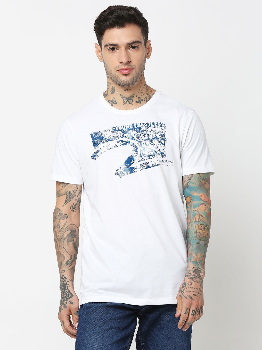 Spykar Men White Cotton Slim Fit Round Neck Printed T-Shirt