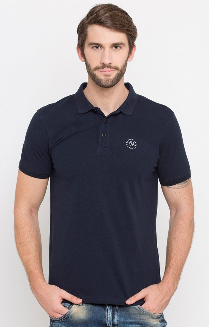 Spykar Blue Solid Slim Fit Polo T-Shirt