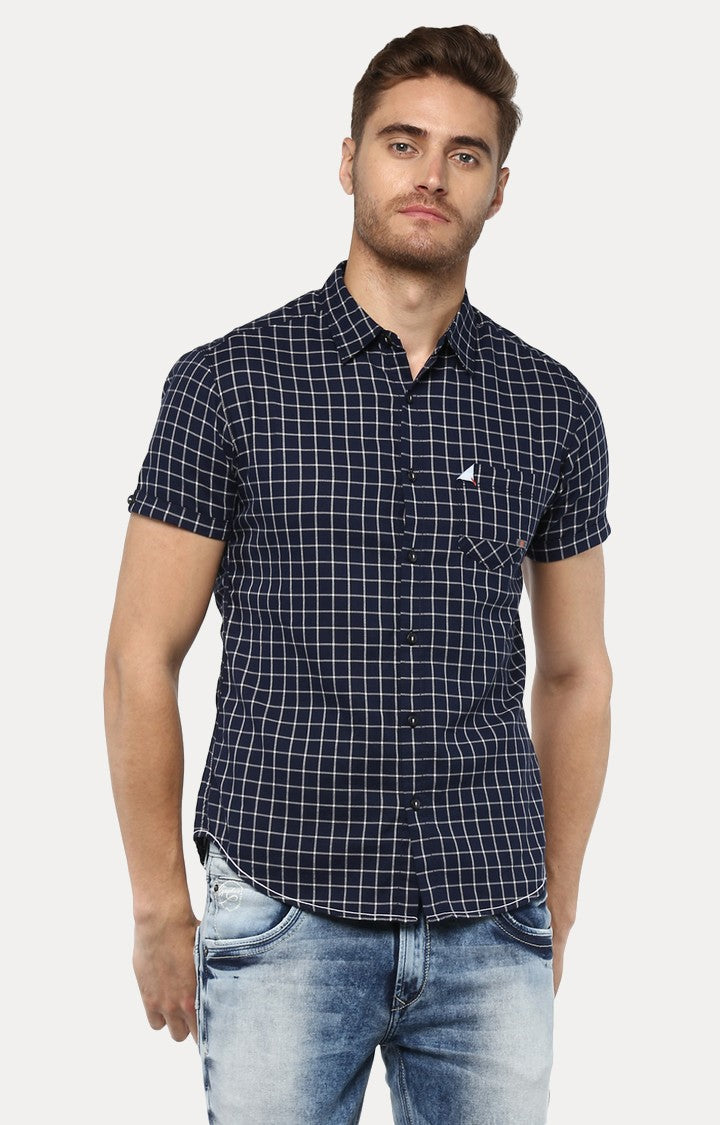 Spykar Men'S Blue Cotton Checked Casual Shirts