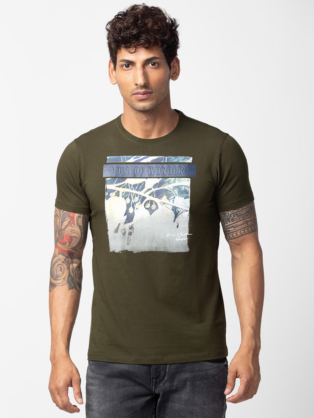 Spykar Men Rifle Green Cotton Regular Fit Half Sleeve Printed T-Shirt