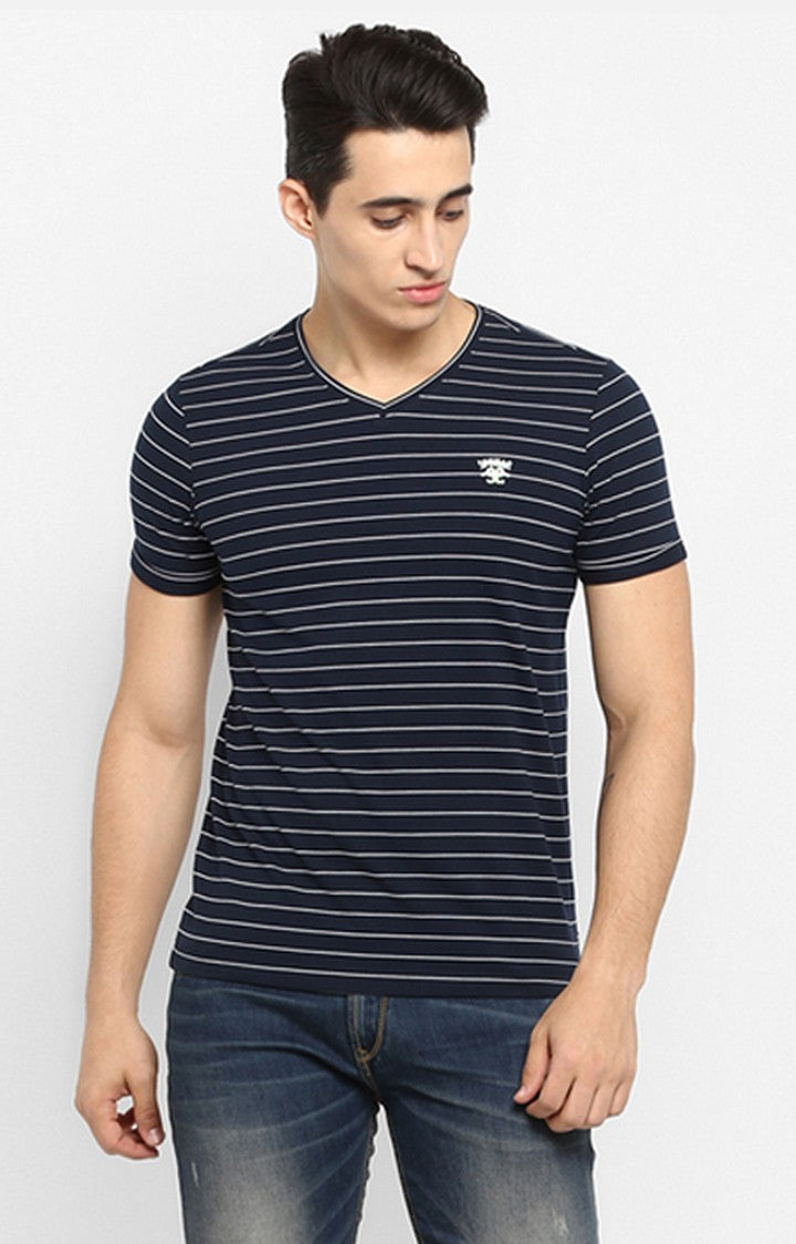 Spykar Navy Blue & White Striped Slim Fit Men T-Shirts