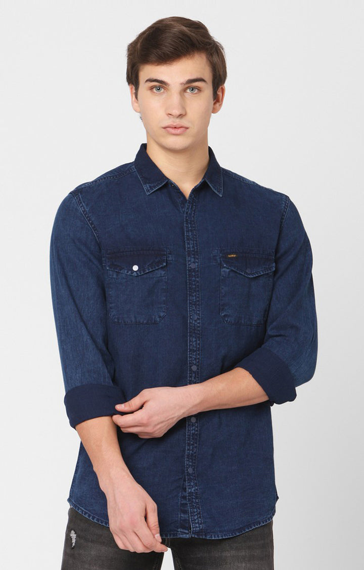 Spykar Men Dark Blue Cotton Slim Fit Denim Shirt