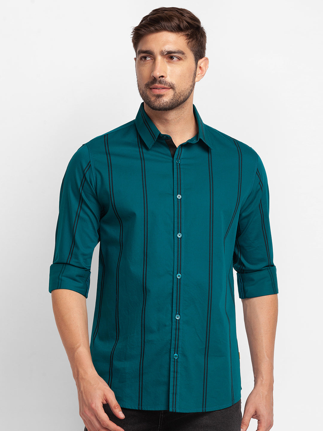 Spykar Sporty Green Cotton Full Sleeve Stripes Shirt For Men