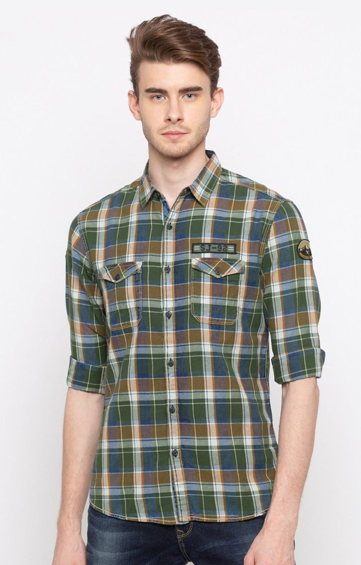 Spykar Men'S Green Cotton Checked Casual Shirts