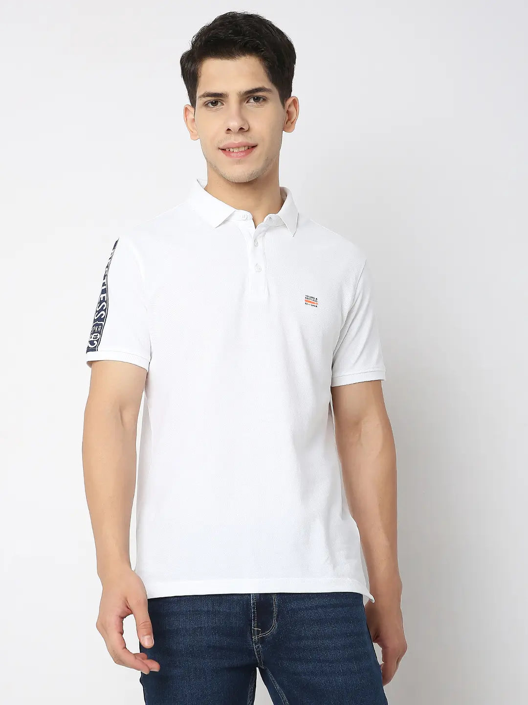 Spykar Men White Cotton Regular Fit Plain Polo Tshirt