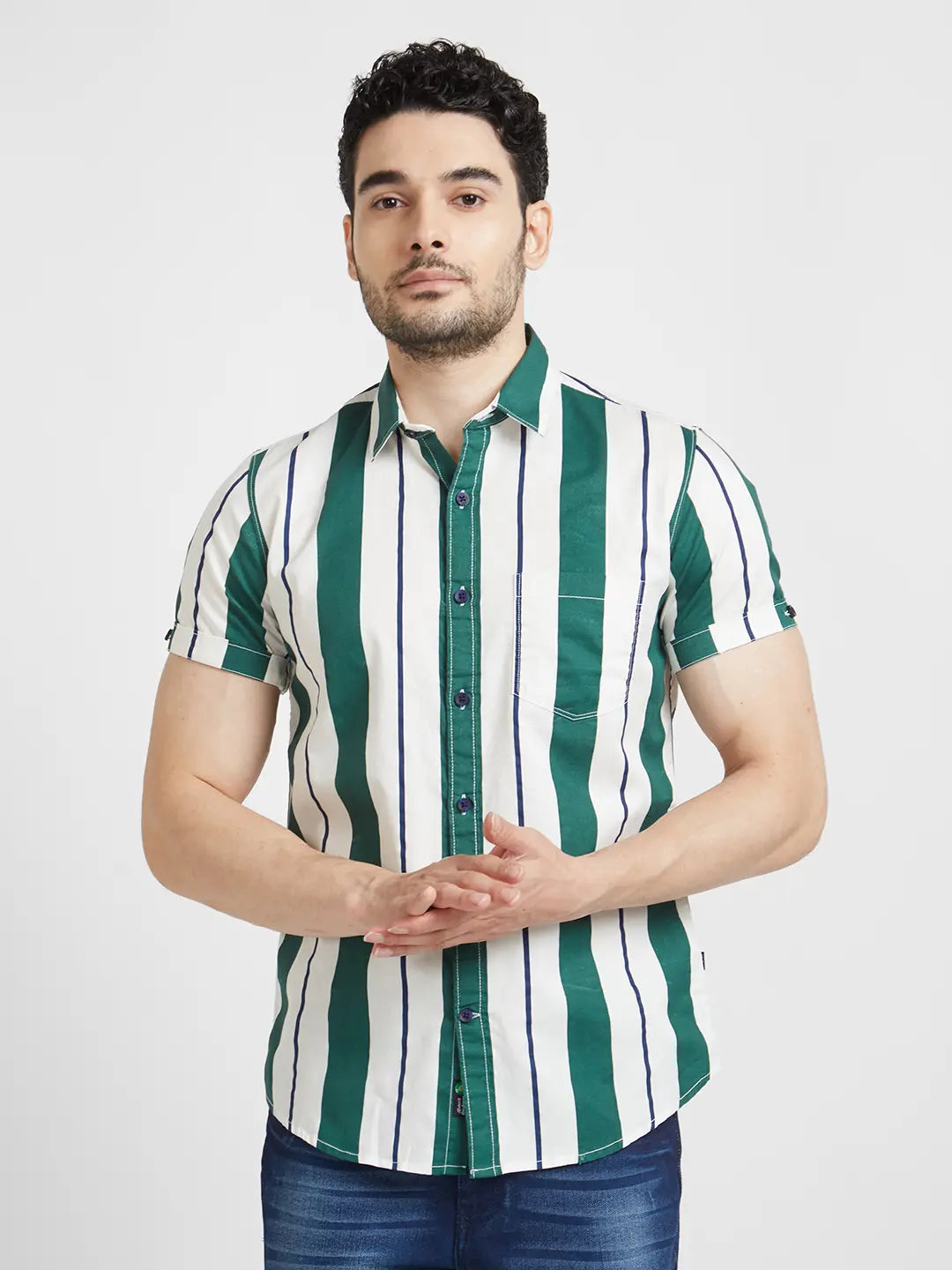 Spykar Men Dark Green Cotton Regular Slim Fit Half Sleeve Striped Shirt