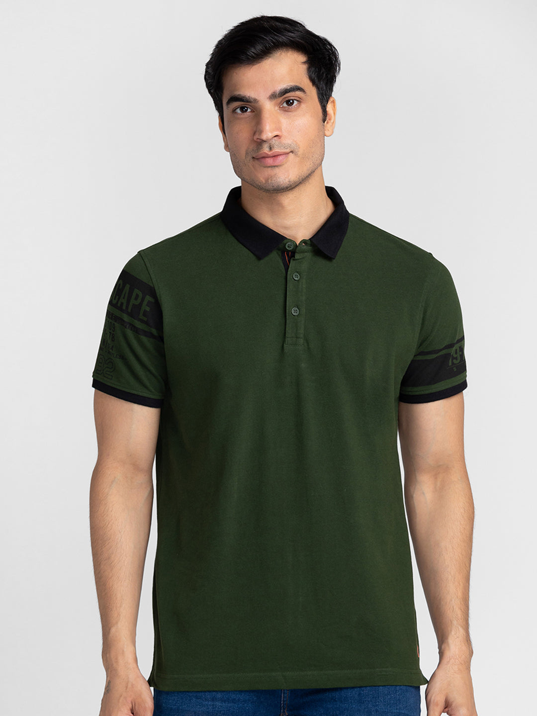 Spykar Men Rifle Green Cotton Slim Fit Polo Printed T-Shirt