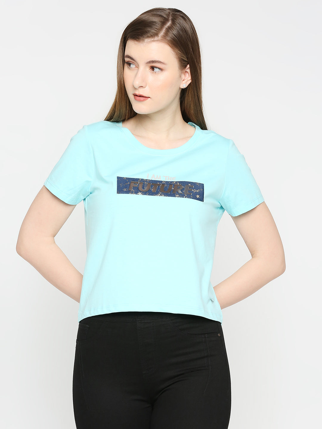 Spykar Women Sky Blue Sp and ex Slim Fit Printed T-Shirts