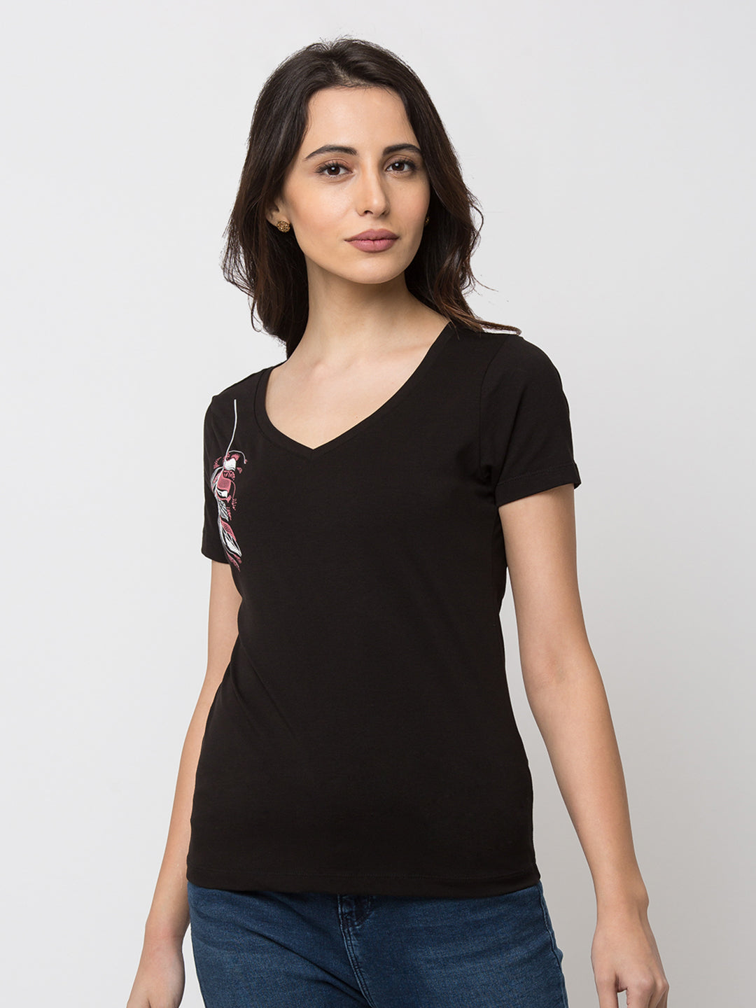 Spykar Women Black Cotton Slim Fit V-Neck T-Shirt